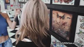 Girlfriend discreetly sucks cock in public tattoo studio, almost caught outdoors