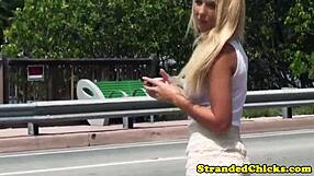 real hitchhiker amateur polishes driver’s knob in wild car ride