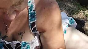 Feeling horny, she gives an outdoor blowjob in public