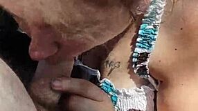 Feeling horny, she gives an outdoor blowjob in public