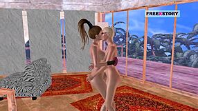 Animated video of two lesbian girls kissing and using a double dildo together in 3d hentai style
