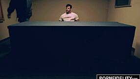 Bridgette B in lingerie and stockings interrogates a hard cock with facial cumshot in police scenario.