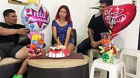 Stepsons surprise mature latina milf with two cocks for her birthday ass fuck gift