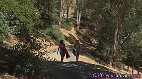 two girls with small tits scissoring outdoors