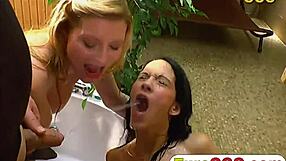 Group of women engage in blowbang and bukkake orgy with multiple cocks