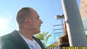 Petite babe sucks in public with daring moves