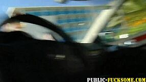 Petite babe sucks in public with daring moves