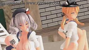 跳进KanColle的Prinz Eugen和Kashima的狂野3D动作，超刺激卡通片
