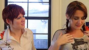 short hair dyke lily cade licks redhead tilly mcreese's pussy in kitchen