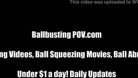 Хозяйка унижает раба пинками по яйцам