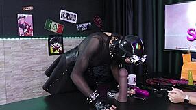 ramona tries blowjob on giant toy in sheer red lingerie