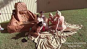 horny babes lick and fuck toys in outdoor lesbian orgy