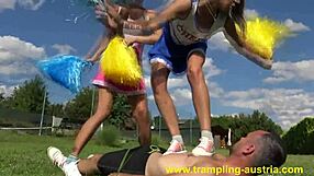 In this femdom scene, the goddess mistress tramples her bound slave in a bondage fetish domination