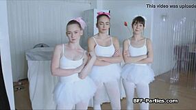 Three teen ballerinas sharing one big cock in wild action. Group fun at its best!