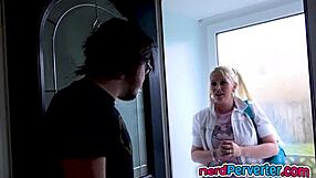 Blonde stunner teasing two nerds with bjs?