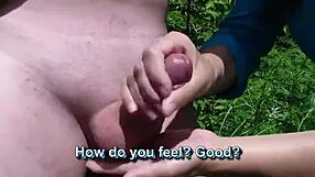 Look at this sexy milf Frina undress a young guy outdoors and jerk him off!