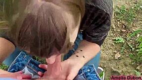girl sucks boyfriend's cock outdoors sensually and gets cum in mouth!