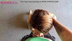 In the bustling street, the horny milf with small tits eagerly performs a blowjob