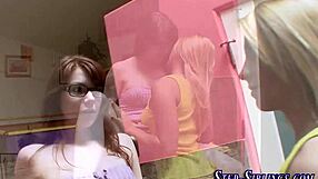 in this amateur lesbian scene, the redhead teen with glasses fingers and licks her partner's small tits and pussy.