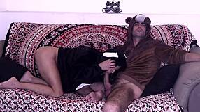 couple fucks in pajamas on sofa