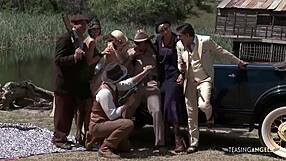 Stunning brunette rides tight pussy in group sex with stockings