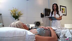 Lesbian nurse tricks skinny teen into steamy hospital sex. What’s her secret?