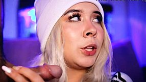 Cute faced blonde teases with close up tits before sucking cock adorably