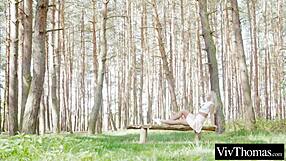 Sexy blonde and hot brunette kiss in forest, then get intimate indoors.