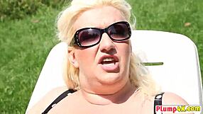 Plump Blonde Licks Shaved Pussy Outdoors