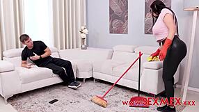 Kari Cachonda works as a sexual maid, showing big tits while cleaning. She teases in every room!