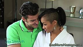 Stunning asian masseuse gives ebony babe a facial