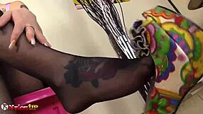 Horny blonde in pantyhose drives you crazy with feet