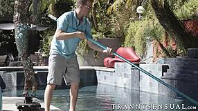 Natalie Mars, sensual shemale, seduces big dick pool guy