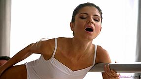 petite ballerina shows shaved pussy for intense facial