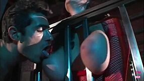 Brunette SLAVE in cage DEEPTHROATS and SUCKS cock for freedom, titty fucks, and earns cum facial.