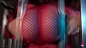 Brunette SLAVE in cage DEEPTHROATS and SUCKS cock for freedom, titty fucks, and earns cum facial.