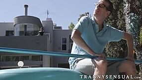 Natalie Mars, sensual shemale, seduces big dick pool guy