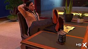 Fashion business leg massage with breasts in 3d anime game