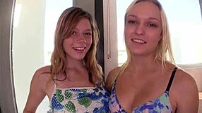 mia collins and victoria brookes say, 'let's share this guy's cock in a hot blowjob'