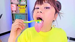 lila jordan brushes her teeth on webcam, showing saliva and tongue in tall fetish style