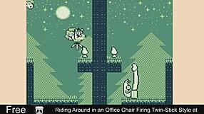 At the office, the twins play a comedic erotic game, riding around in chairs with twin-stick style