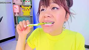lila jordan brushes her teeth on webcam, showing saliva and tongue in tall fetish style