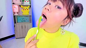 lila jordan brushes her teeth on webcam, showing saliva and tongue in tall fetish style