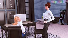 Futanari szefowa kusi sekretarkę głębokim gardłem na ogromnym kutasie