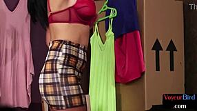 Busty British babe in heels teases watching masturbation