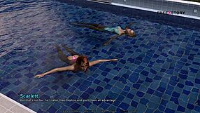 Mark plays games in pool with stepsister and friends in my dorm 4