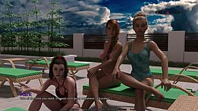 Mark plays games in pool with stepsister and friends in my dorm 4