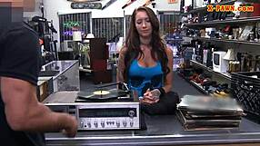 in the pawnshop, a busty tattooed woman gets drilled hard while spied on