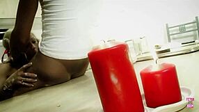 a blonde bimbo plays with cream in the kitchen