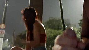 Risky outdoor masturbation for redhead at bus stop